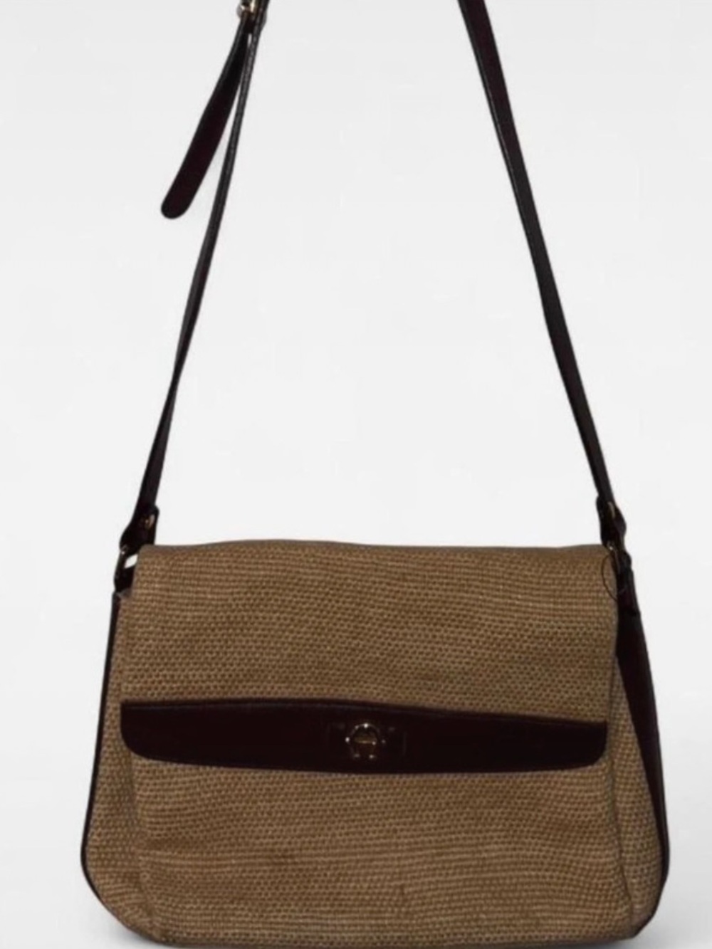 Woven Straw Crossbody Bag with Dark Brown Trim